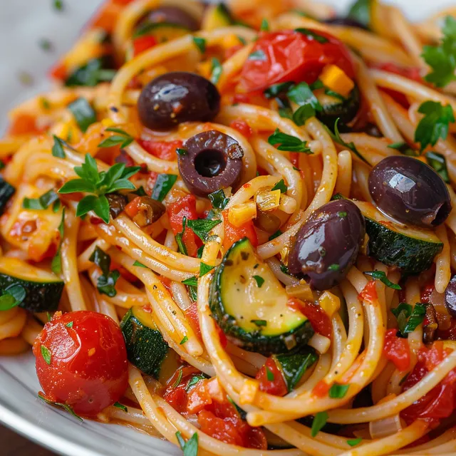 Des spaghettis aux tomates cerises et courgettes, garnis de basilic et d'une sauce parfumée.