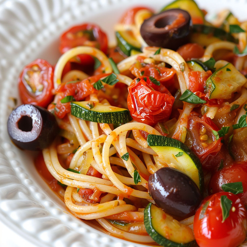 Un plat de spaghettis à la sauce tomate et aux légumes verts.