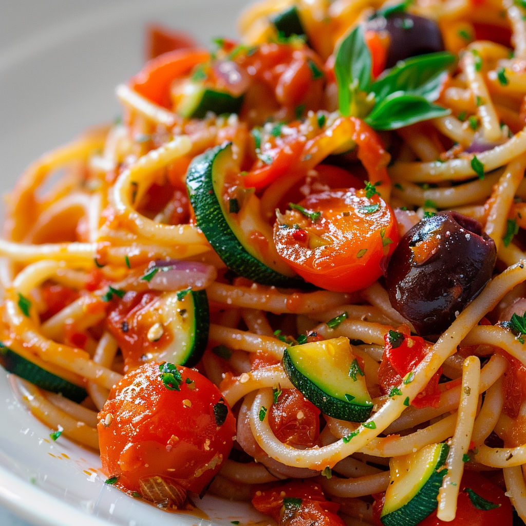 Un plat de spaghettis à la sauce tomate aux légumes frais.
