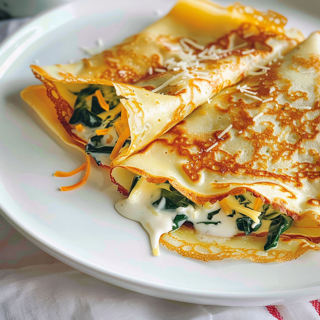 Une crêpe aux épinards dorée sur une assiette.