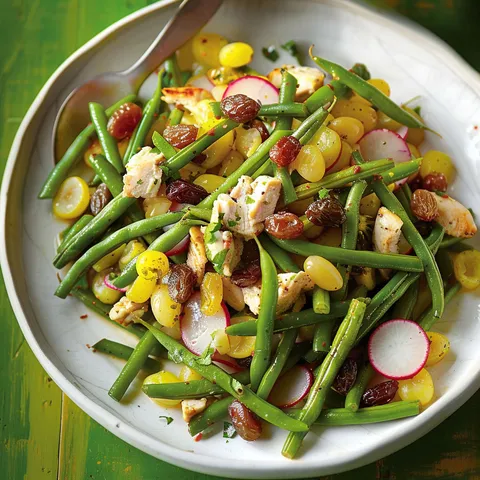 Bol de salade poulet, haricots et raisins posé sur une table.