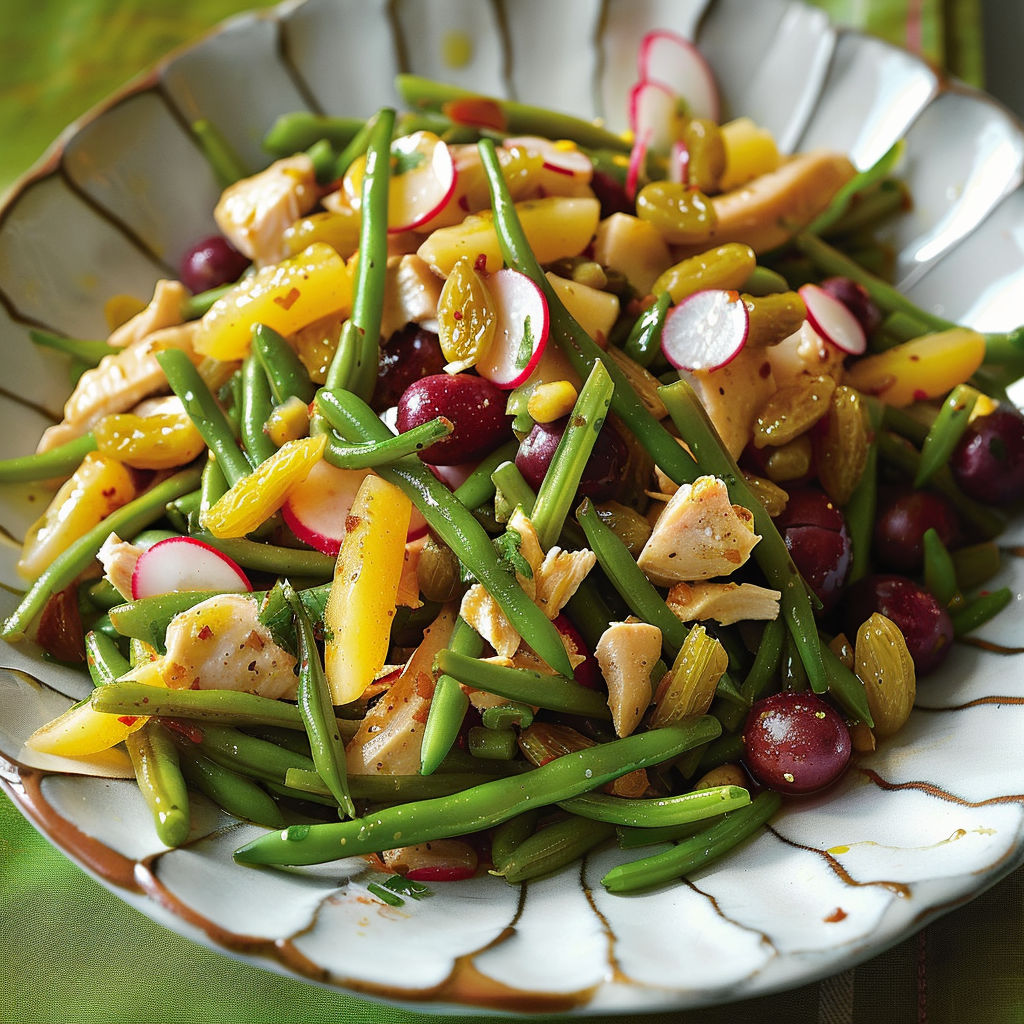 Salade fraîche au poulet, haricots verts, tomates cerises et raisins dans un bol blanc.