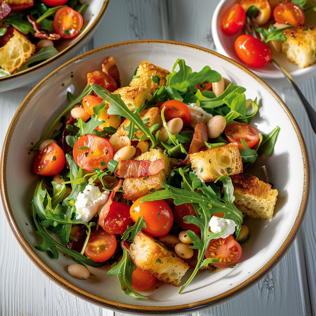 Une salade fraîche avec haricots blancs, tomates cerises, pain et bacon croustillant.