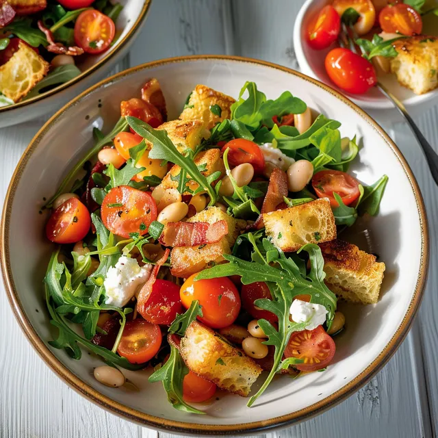 Une salade fraîche avec haricots blancs, tomates cerises, pain et bacon croustillant.