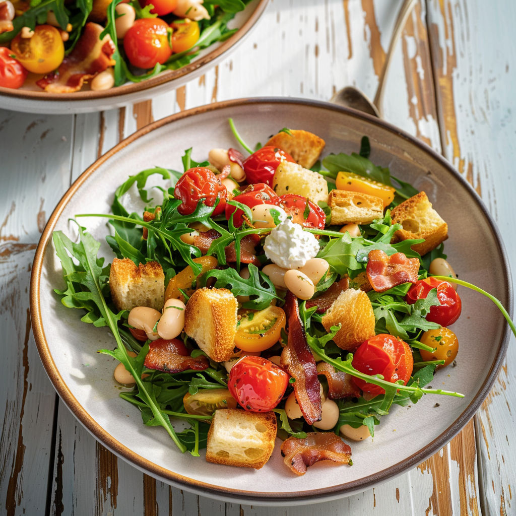 Bol en terre rempli de salade de tomates, quinoa, légumes frais et tranches de pain grillé.