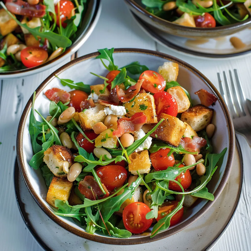 Bol rempli de salade tomates, quinoa, légumes verts et pain grillé.