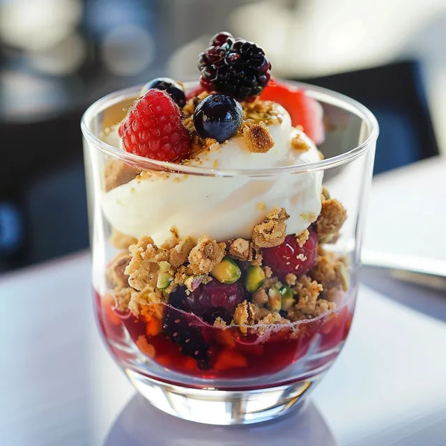 Verrine composée de pistaches, crème et baies.