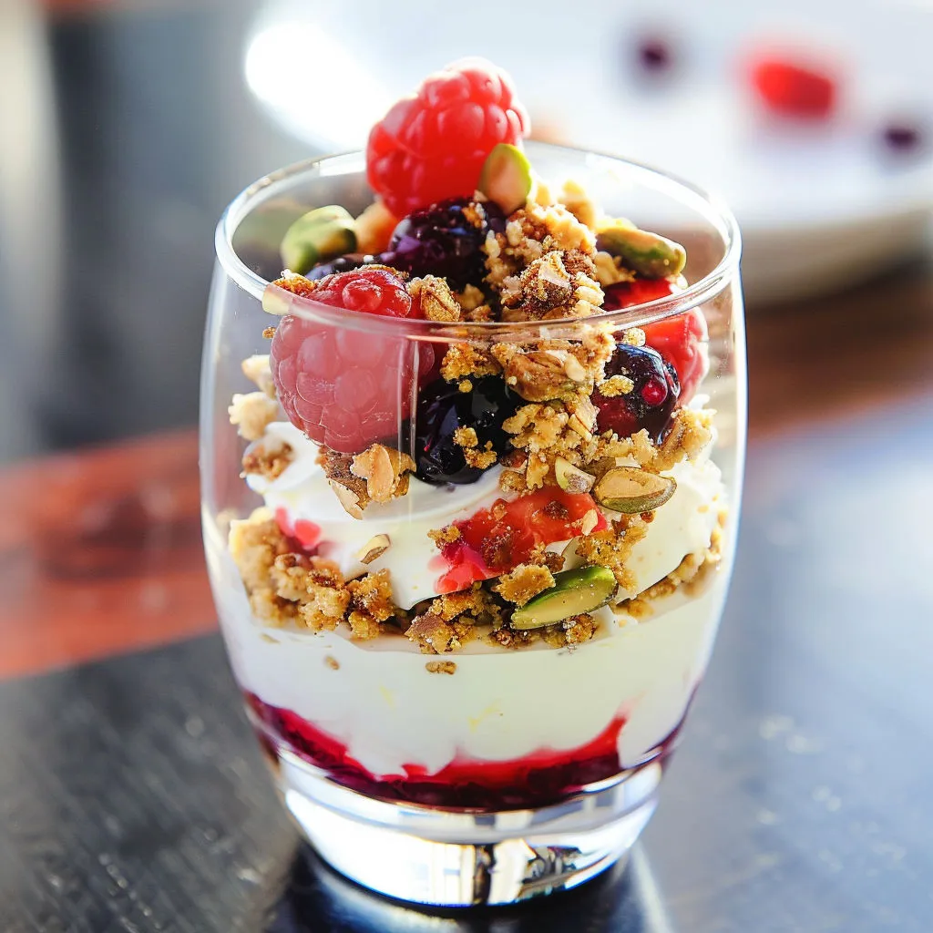 Une verrine aux fruits rouges, crème fouettée et pistaches, très colorée.