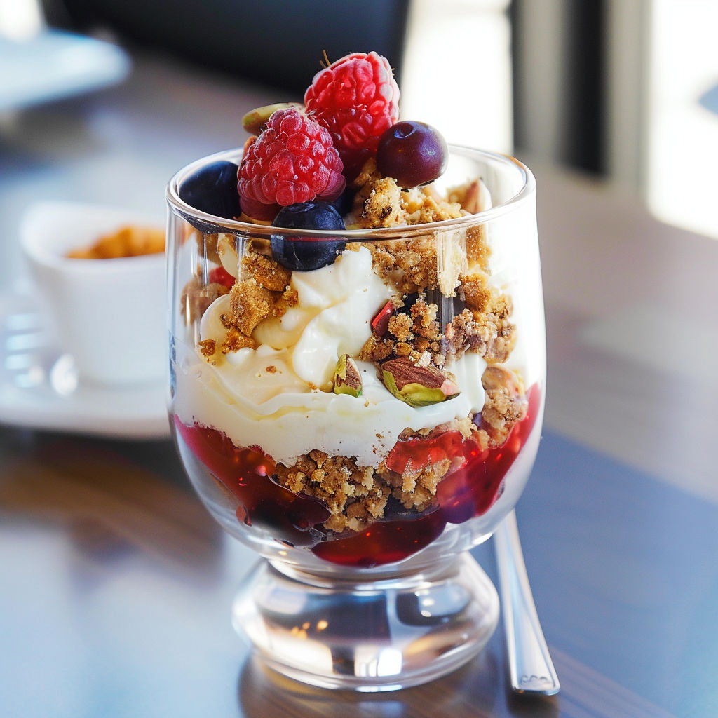Grande verrine transparente avec fruits rouges et pistaches, présentation élégante.