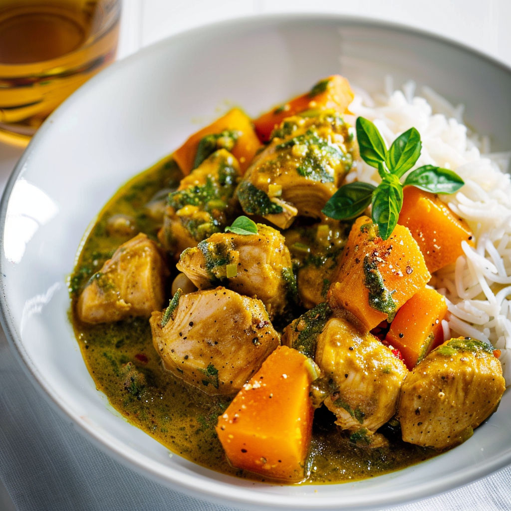 Curry thaï au poulet et courge en sauce, accompagné de légumes colorés.