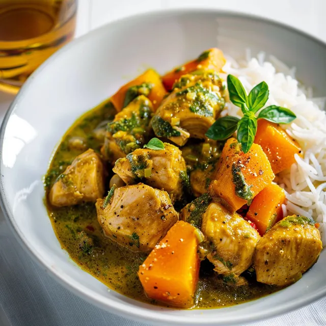 Curry thaï au poulet et courge en sauce, accompagné de légumes colorés.