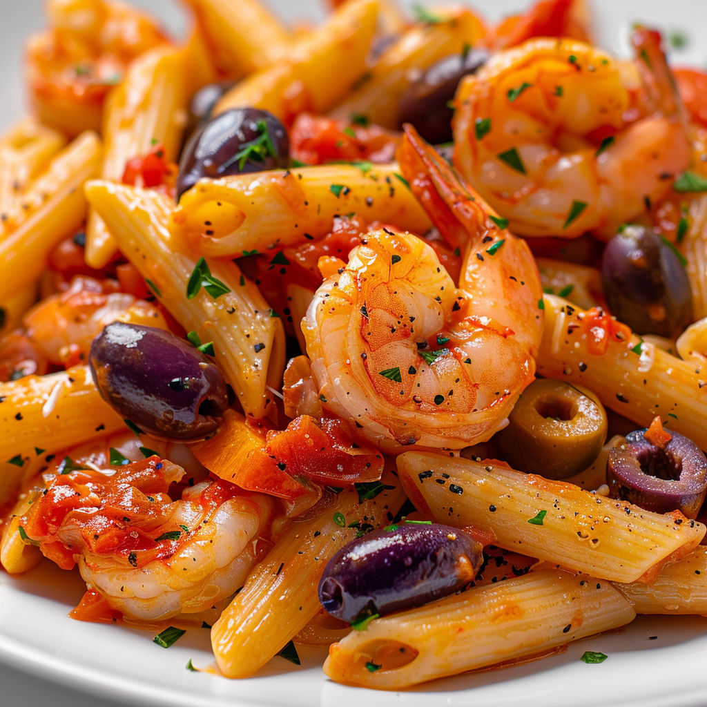 Un plat de pâtes avec des crevettes, des olives et des herbes, servi sur une assiette.