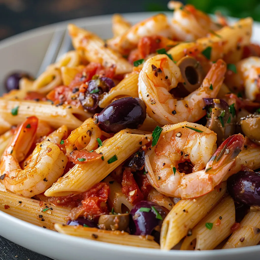 Assiette de macaroni à la sauce tomate, olives et crevettes.
