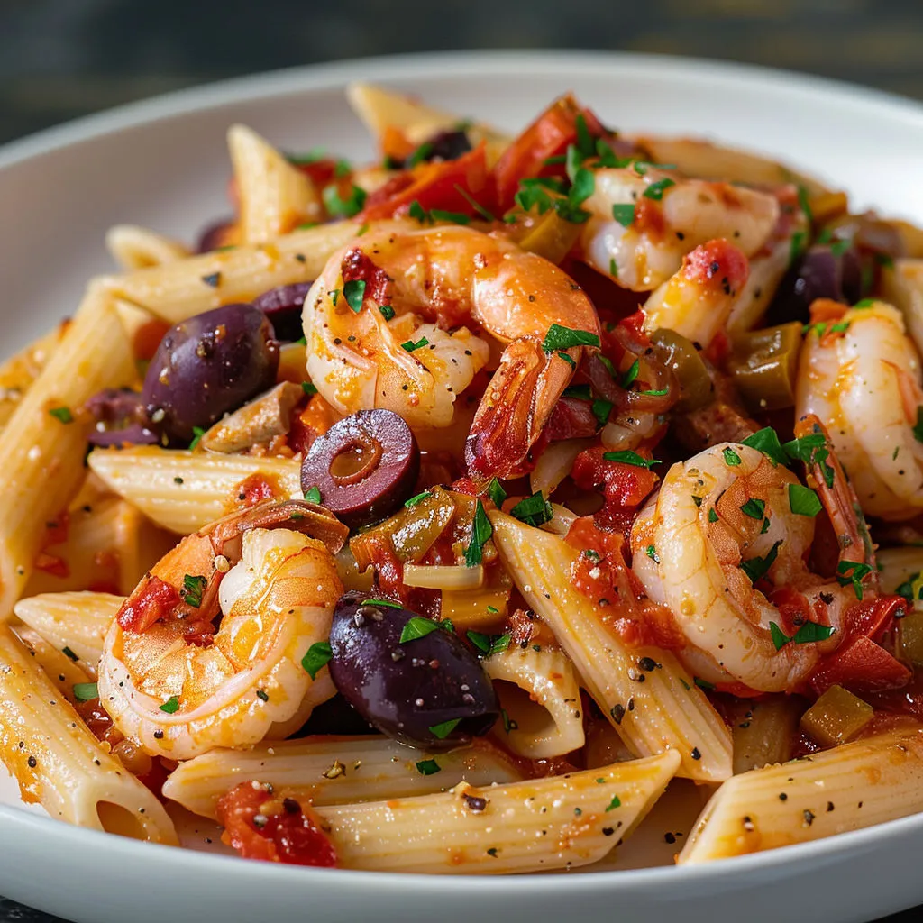 Pâtes aux crevettes et aux olives dans une assiette.
