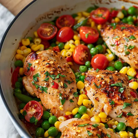 Plat de poulet avec légumes frais et tomates mijotés.