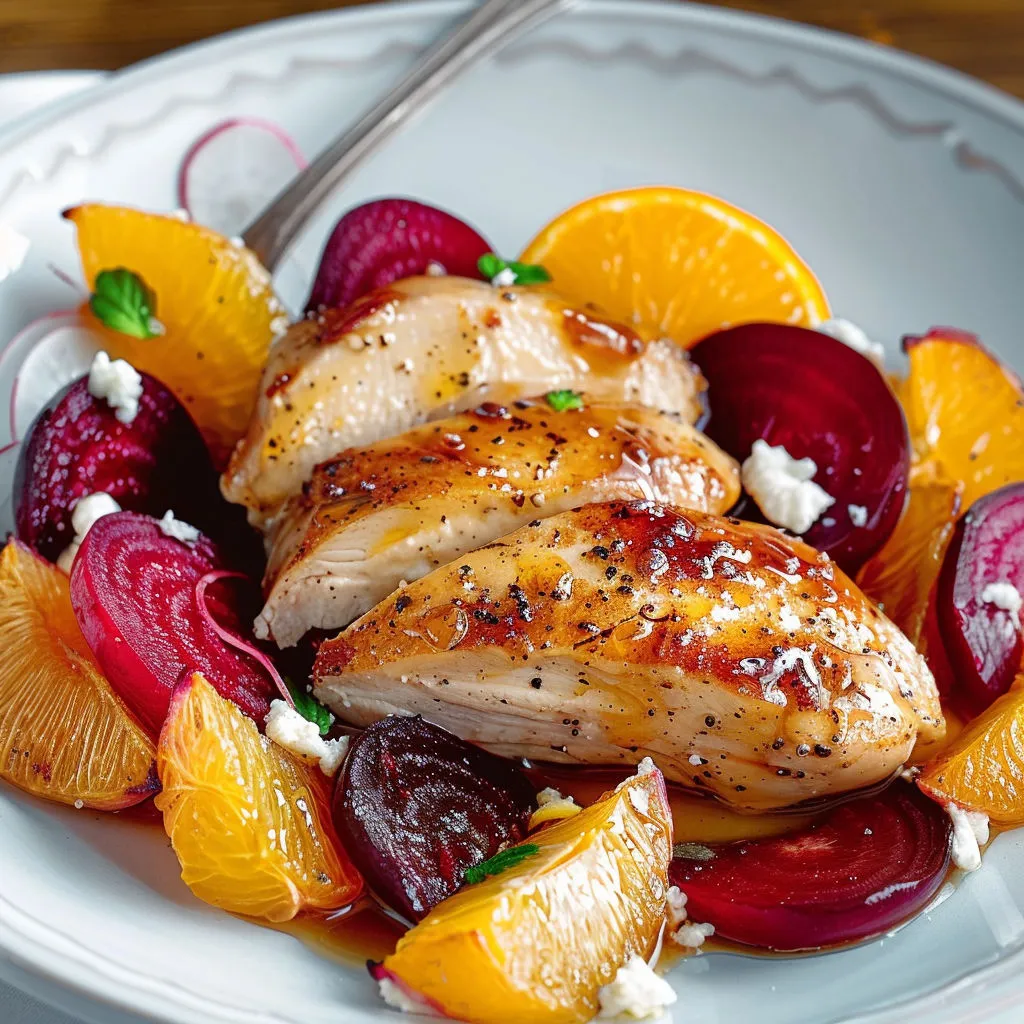 Poulet doré aux légumes rôtis et morceaux d’orange.