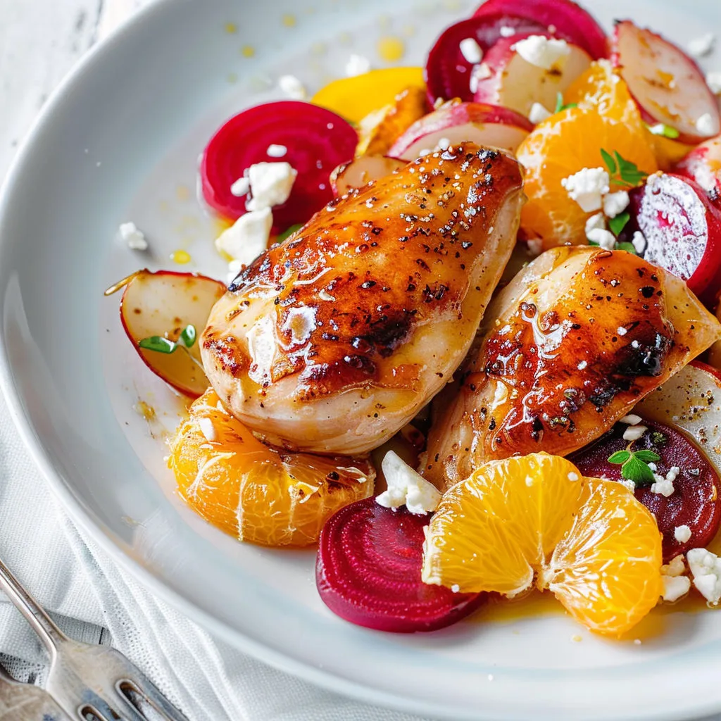 Salade de poulet grillé, légumes variés et oranges en morceaux.