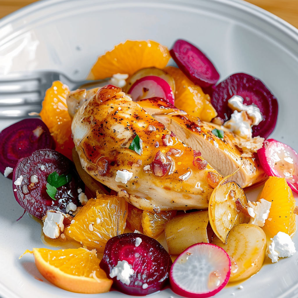 Salade de poulet grillé, orange et radis frais.