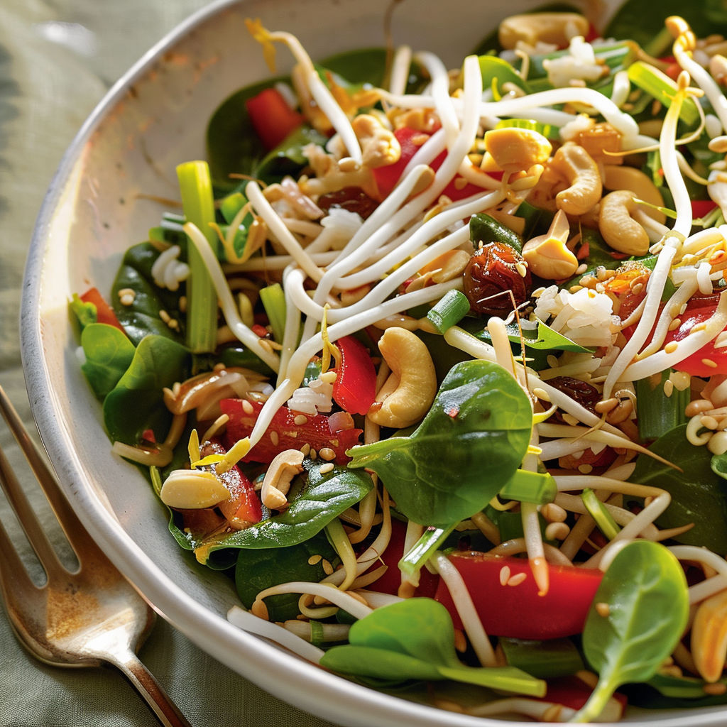 Une salade fraîche croquante avec sauce asiatique, légumes et noix de cajou, présentée dans un bol.