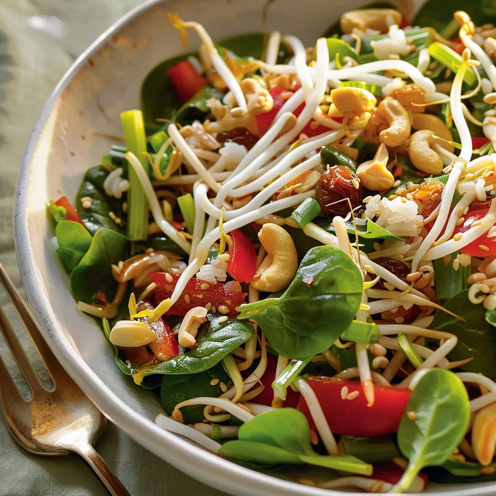 Une salade fraîche croquante avec sauce asiatique, légumes et noix de cajou, présentée dans un bol.