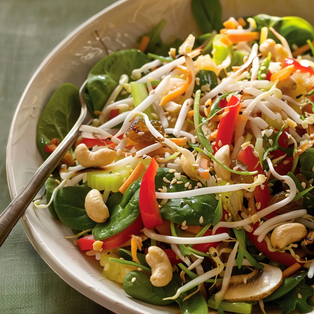 Salade ultra vitaminée au gingembre, miel et noix de cajou, servie dans un bol.