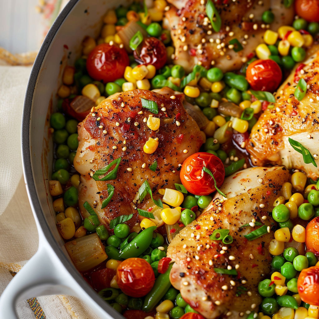 Plat de poulet pimenté mijoté avec maïs, pois et tomates, façon succotash.