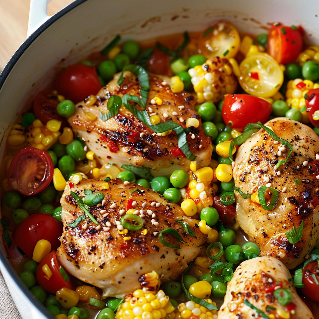 Bol de poulet parfumé aux graines, légumes, tomates, poivrons, cornichons et épinards, posé sur la table.