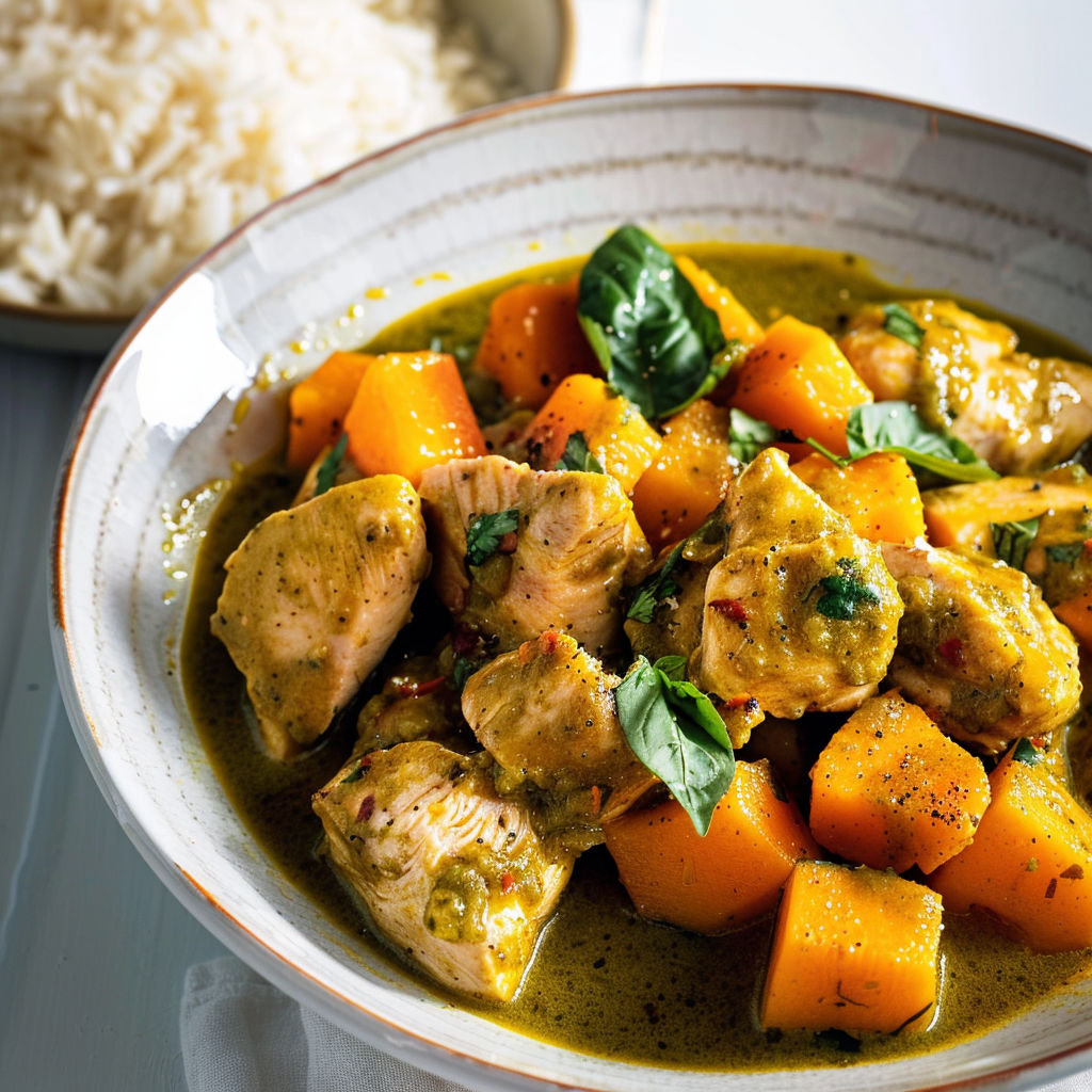 Une belle assiette de morceaux de poulet et courge bien fondants dans une sauce au lait de coco, servie sur une table.