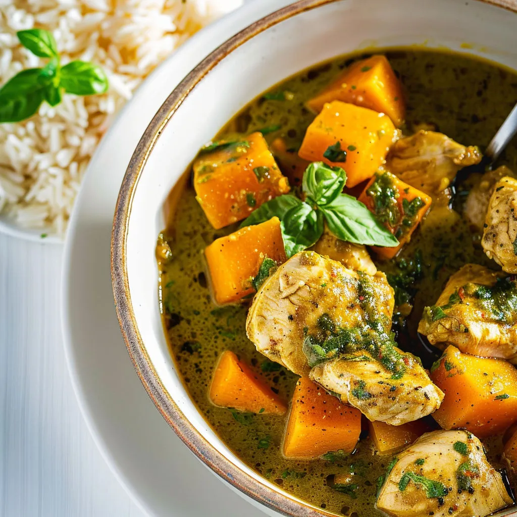 Un plat de poulet au curry vert maison avec courge butternut bien fondante.