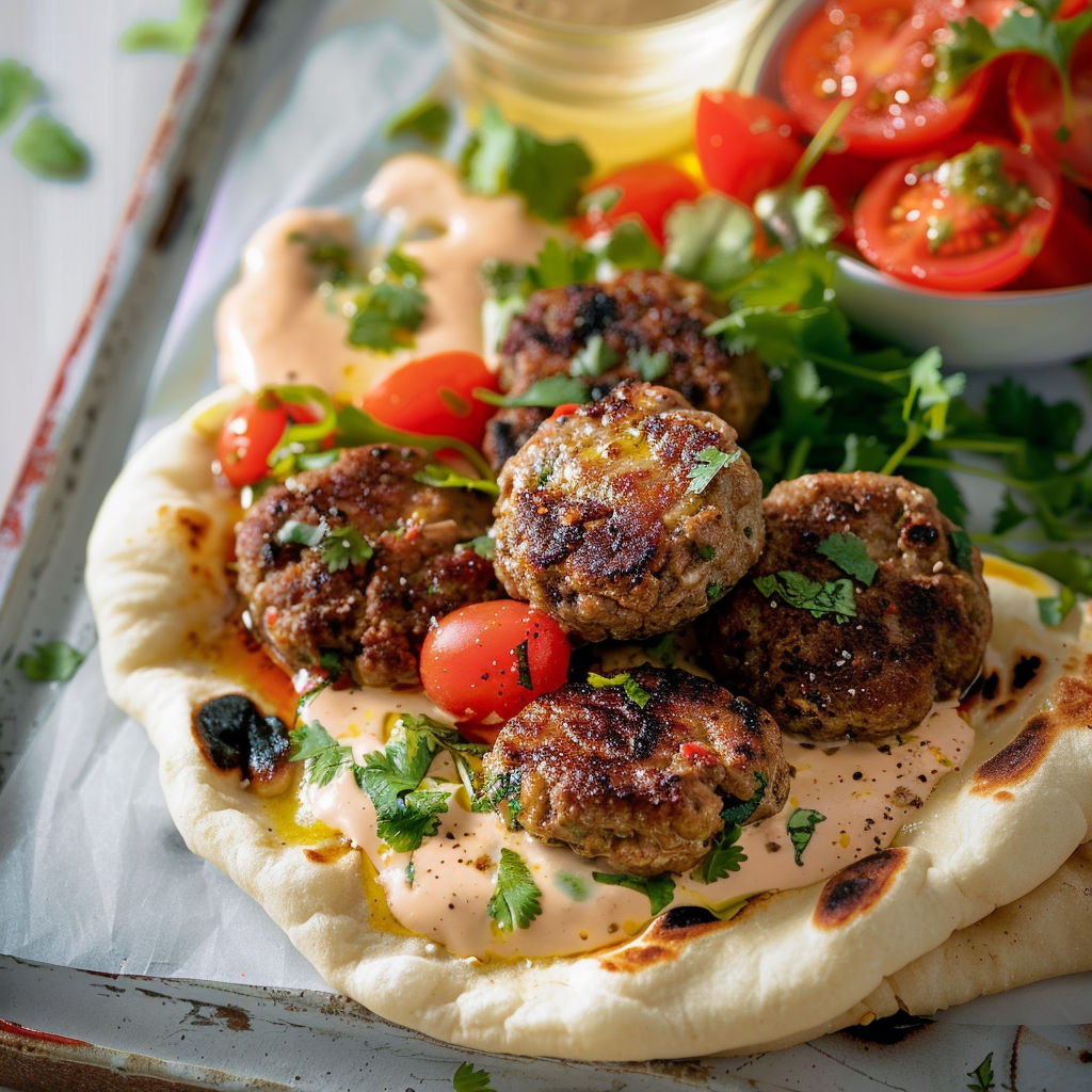 Un naan exquis avec des keftas de boeuf, accompagnés de tomates savoureuses.