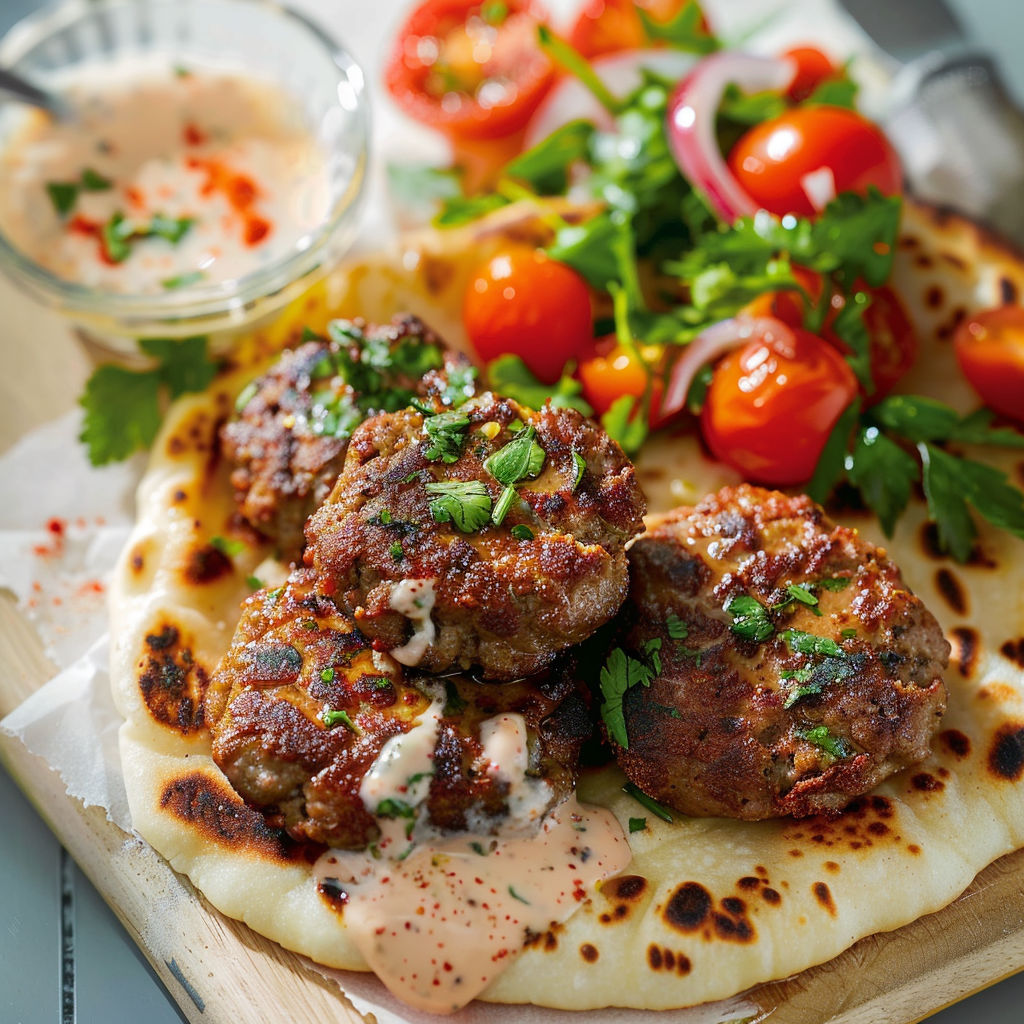 Du naan garni de boulettes épicées et sauce crémeuse, prêt à partager.