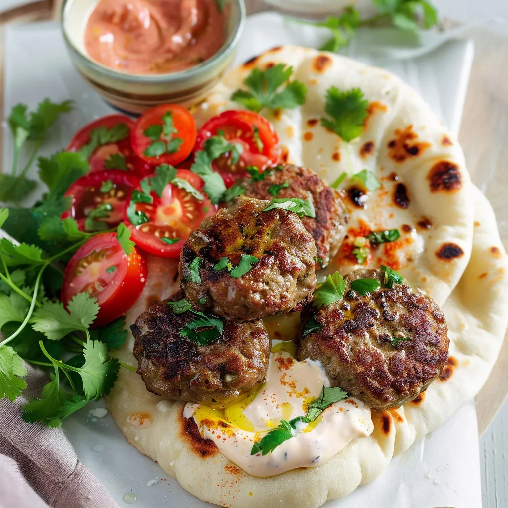 Pain naan recouvert de boulettes, tomates fraîches et coriandre, prêt à servir.