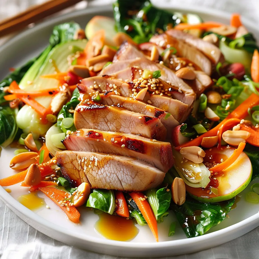 Salade fraîche au filet de porc et bok choy, nappée de sauce teriyaki.