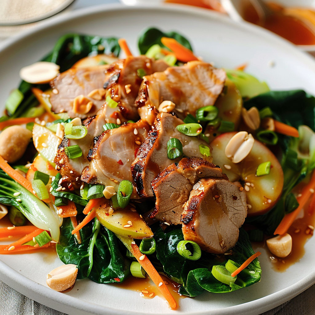 Assiette de filet de porc rôti sur lits de bok choy et carottes.