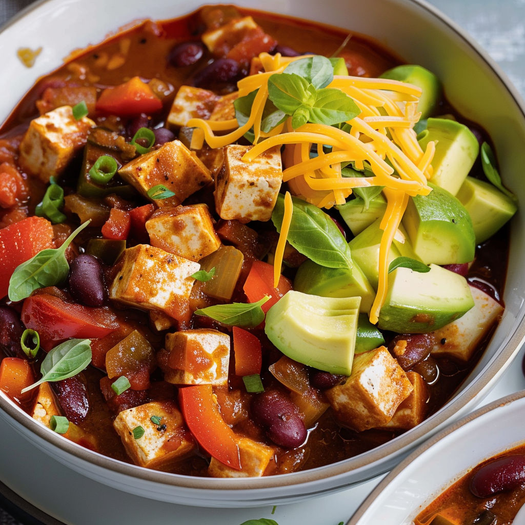 Un bol de chili avec tofu, avocat et basilic.