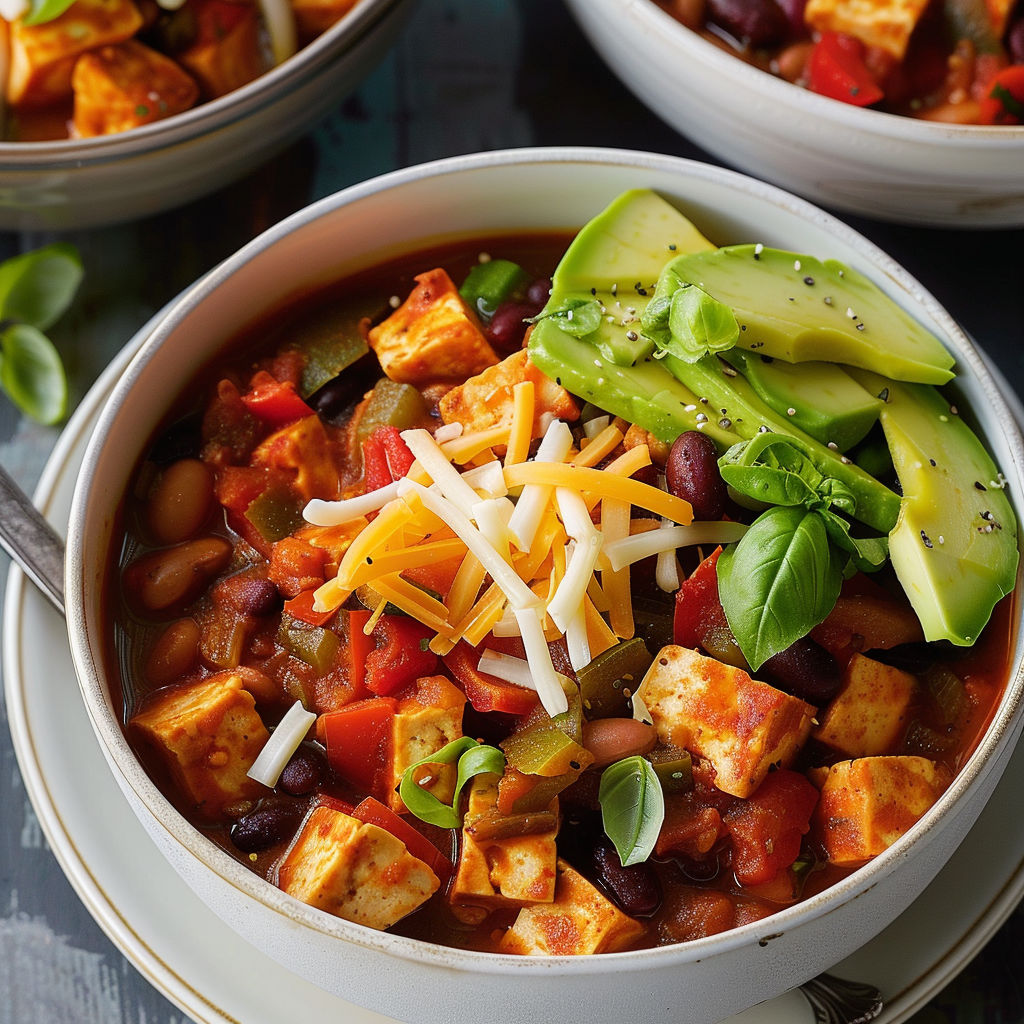 Bol de chili végétarien au tofu, légumes et avocat bien frais.