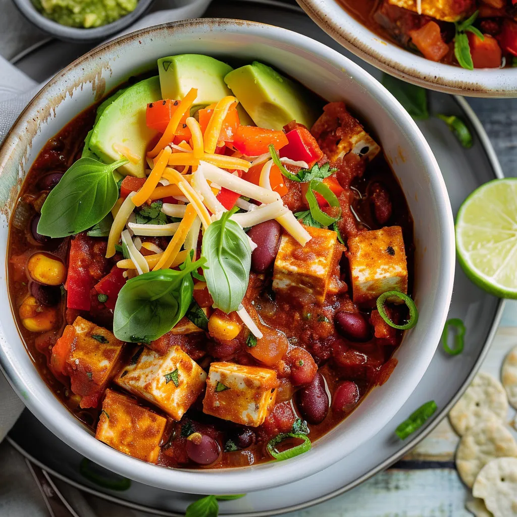 Bol gourmand de chili bien relevé avec avocat et basilic frais.