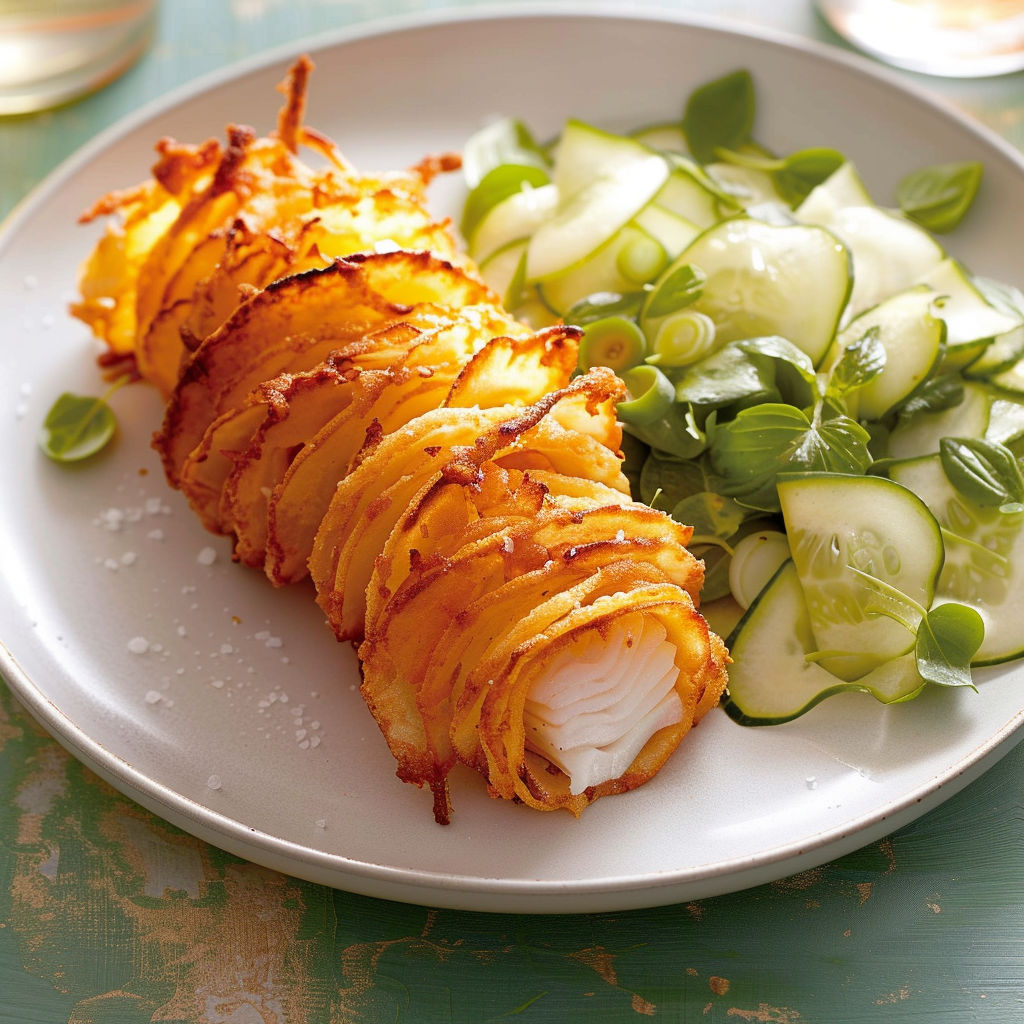Filets de morue enroulés dans des spirales de pommes de terre et servis avec concombre frais.