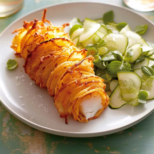 Filets de morue enroulés dans des spirales de pommes de terre et servis avec concombre frais.