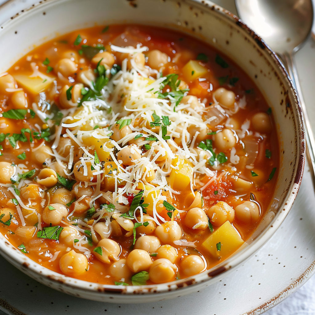 Un bol fumant de soupe aux pois chiches et pâtes.