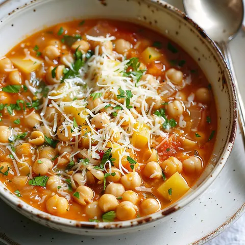Un bol fumant de soupe aux pois chiches et pâtes.