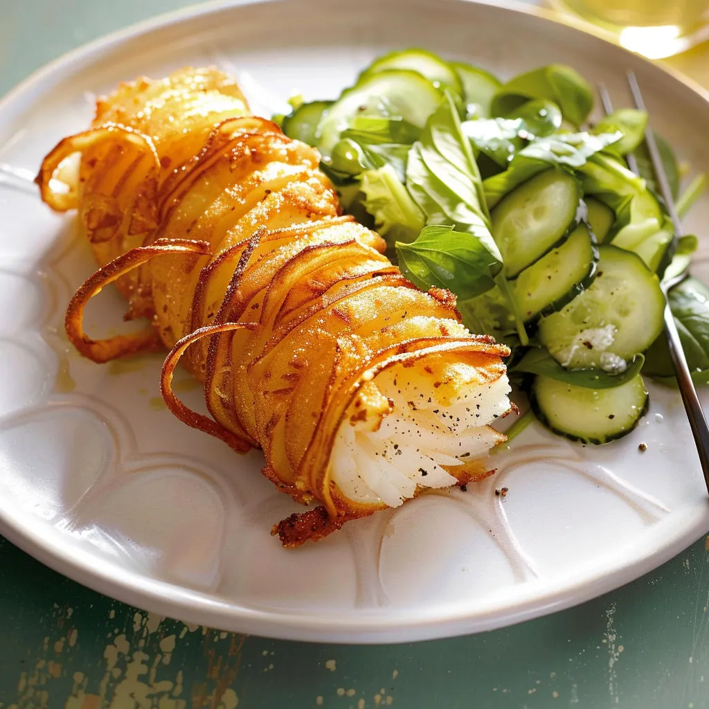 Morue enrobée de spirales de pommes de terre dorées, avec salade fraîche de concombre sur un grand plat.