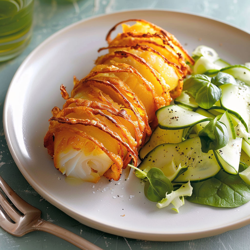 Assiette avec morue habillée de pommes de terre dorées et salade verte acidulée à côté.