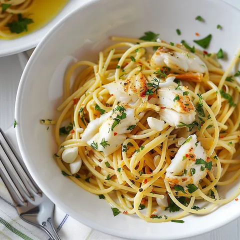 Une assiette garnie de spaghettis citronnés avec aiglefin sur une table.