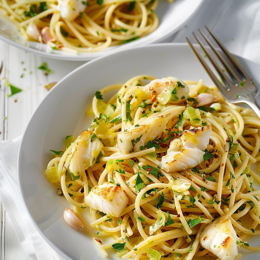 Des spaghettis garnis de crevettes et d’herbes.