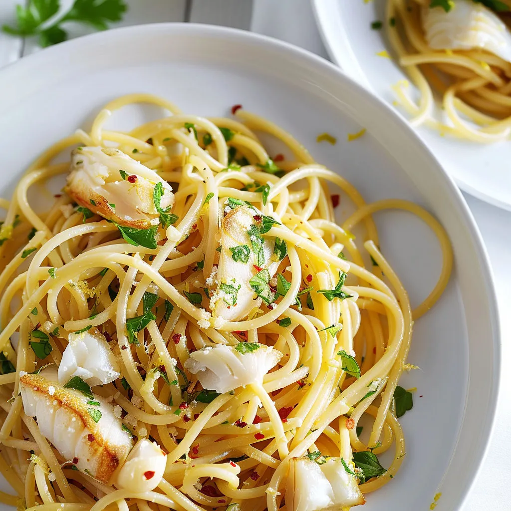 Des spaghettis avec du poisson et de la verdure.