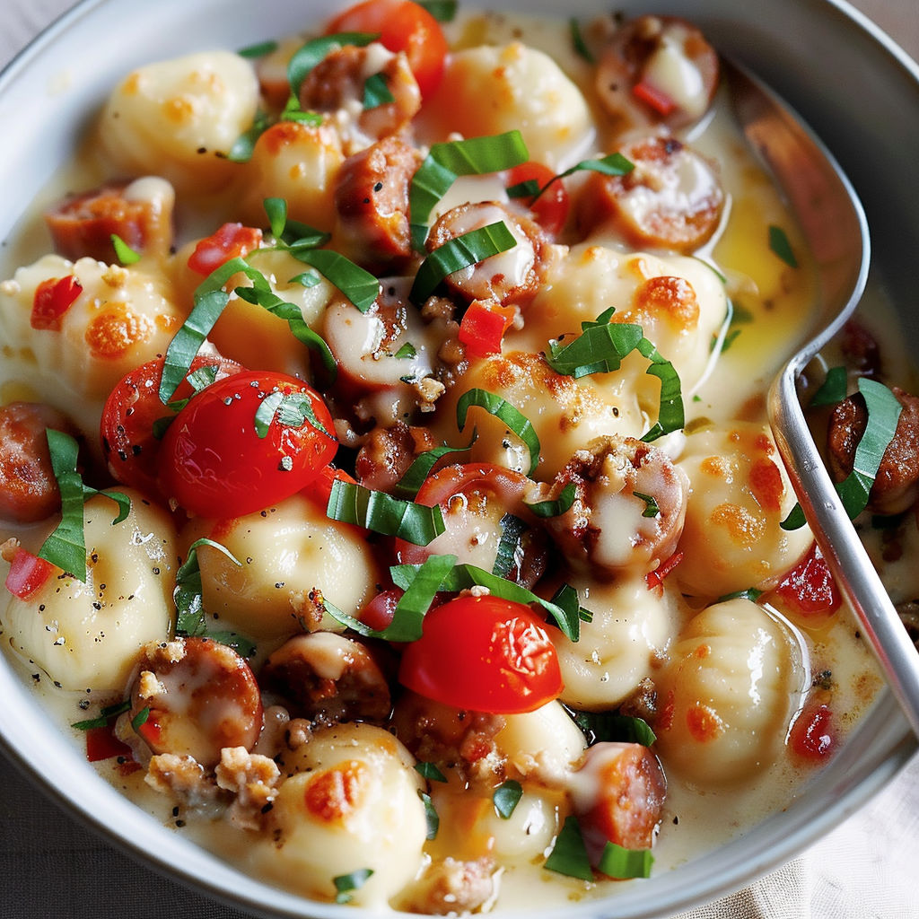 Gnocchis avec fromage, saucisses et tomates fraîches.