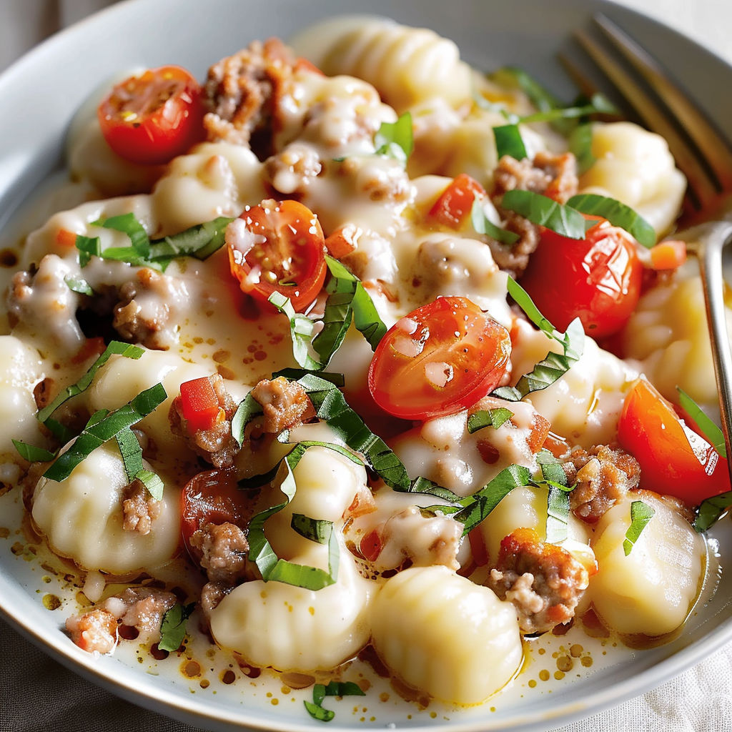 Gnocchis tout crémeux avec cheddar et saucisse dorée, prêts à être dégustés avec une fourchette.