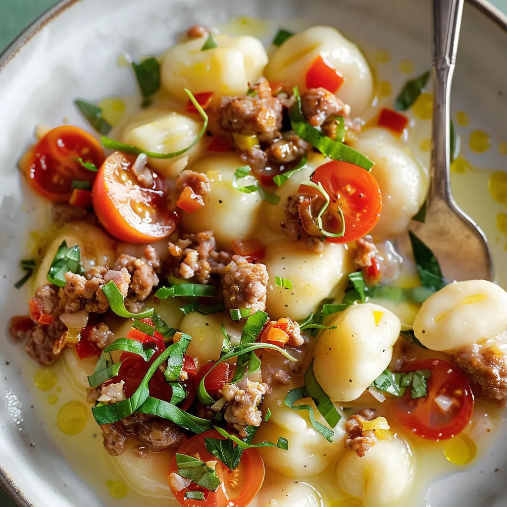 Gnocchis à la saucisse et aux tomates nappés de sauce, servis bien généreux.