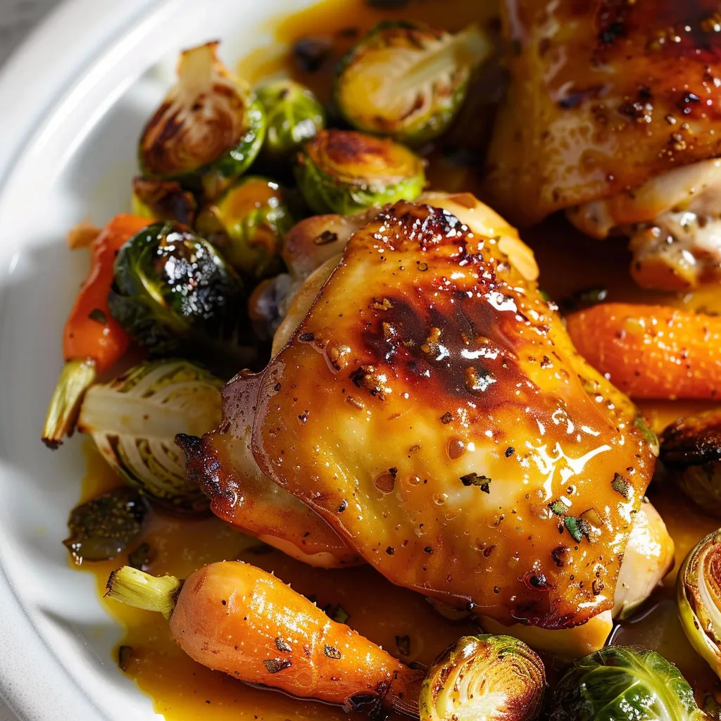 Cuisses de poulet dorées servies avec des légumes colorés et une sauce miel-moutarde.